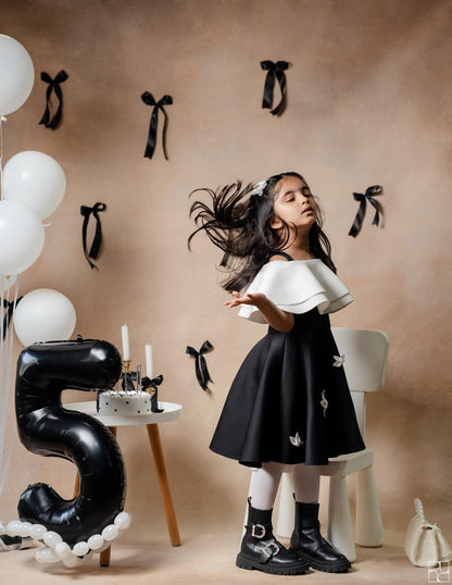 Black And Ivory Double Drape Offshoulder Dress