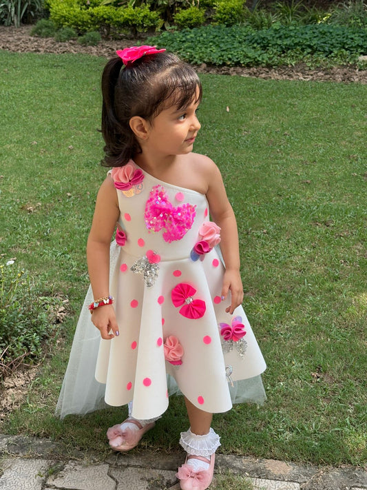 Ivory Polka Sequence One Shoulder Bows Flair Dress