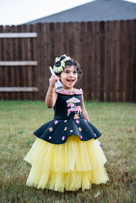 Black Yellow Unicorn Carousel Offshoulder Dress