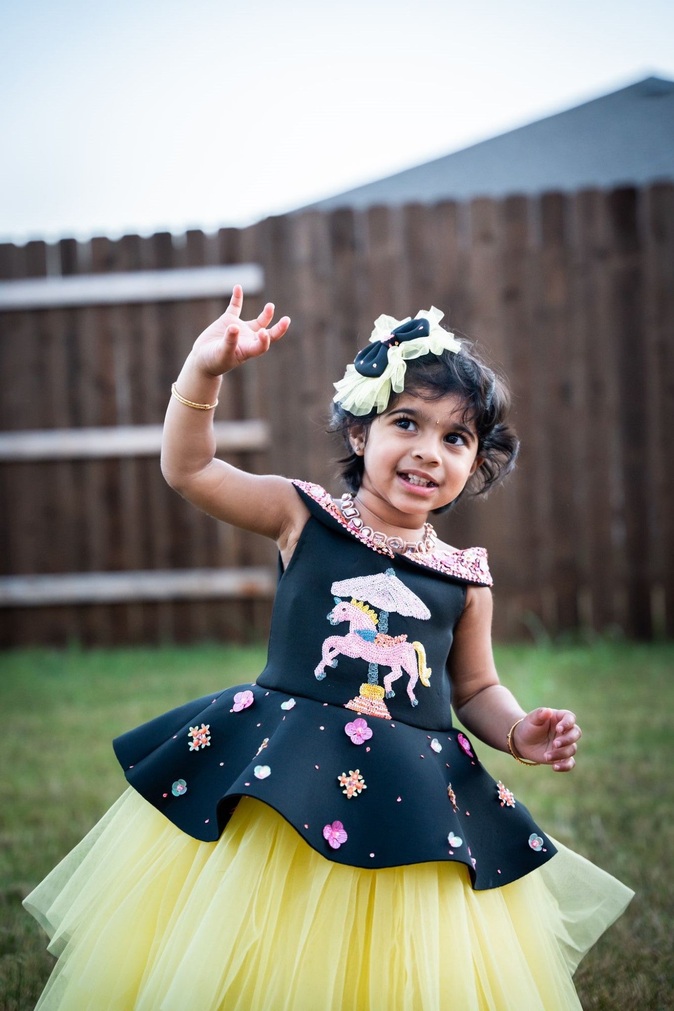 Black Yellow Unicorn Carousel Offshoulder Dress