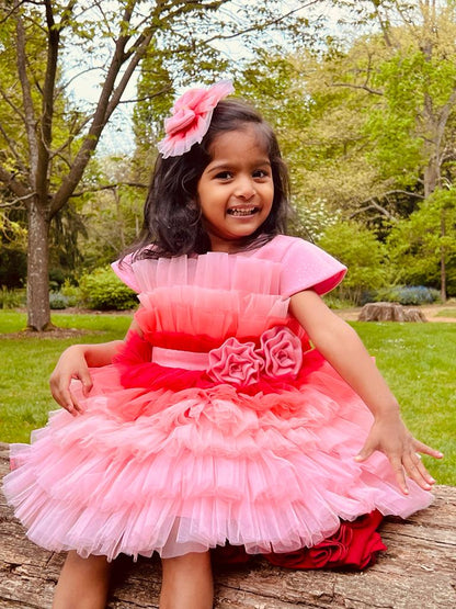 Shades Of Pink Multilayer Net Glitter Roses Dress