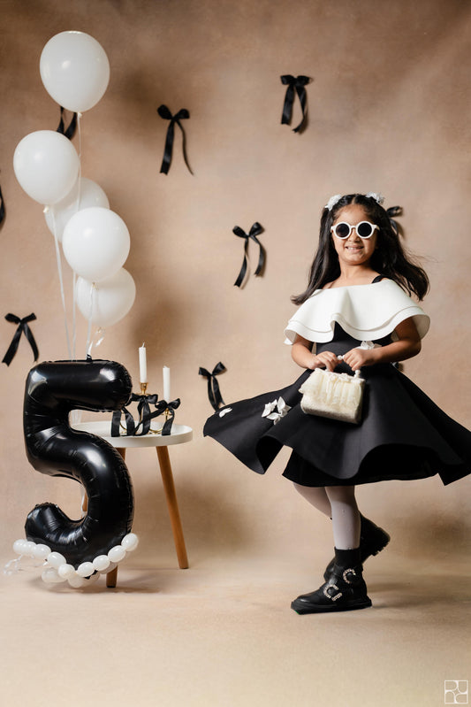 Black And Ivory Double Drape Offshoulder Dress