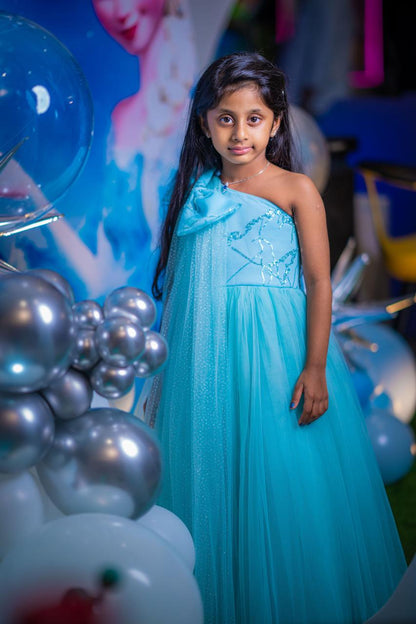 Ice Blue One Shoulder Bow Flair Gown