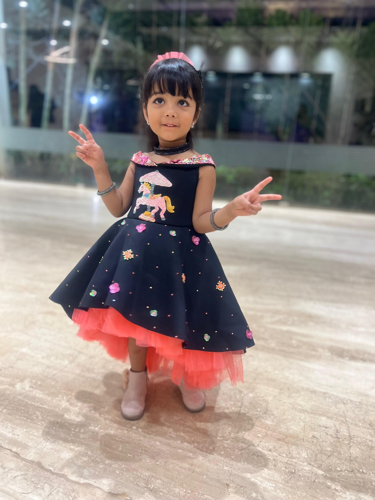 Black Fuchsia Pink Offshoulder Horse Carousel Short Long Gown