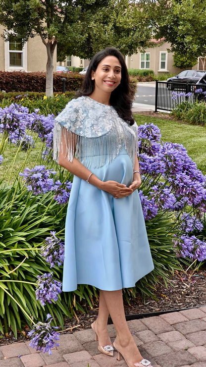 Ice Blue Shoulder cape Frill Dress