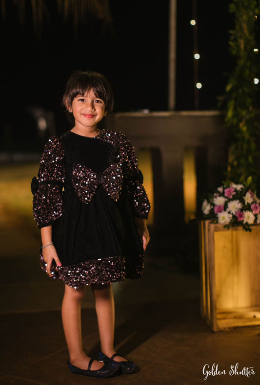 Black Velvet Sequence Sleeve Bow Dress