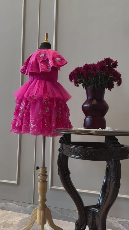 Fuchsia Pink Shoulder Cape Flower Dress