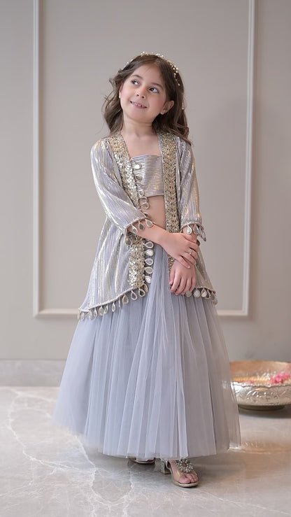 Grey Gold Pleated Mirror Lehenga Set