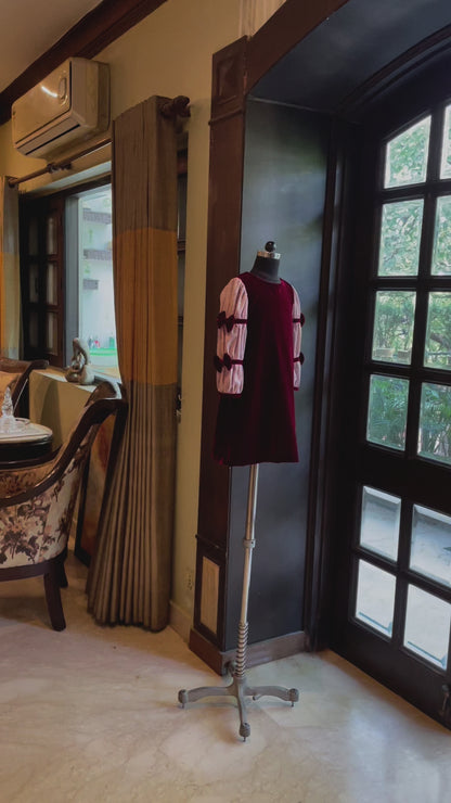 Maroon Baby Pink Velvet A Line Dress