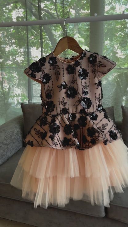 Peach Black Flower Sequence Peplum Dress