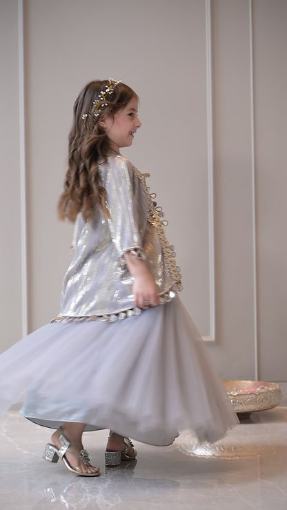 Grey Gold Pleated Mirror Lehenga Set