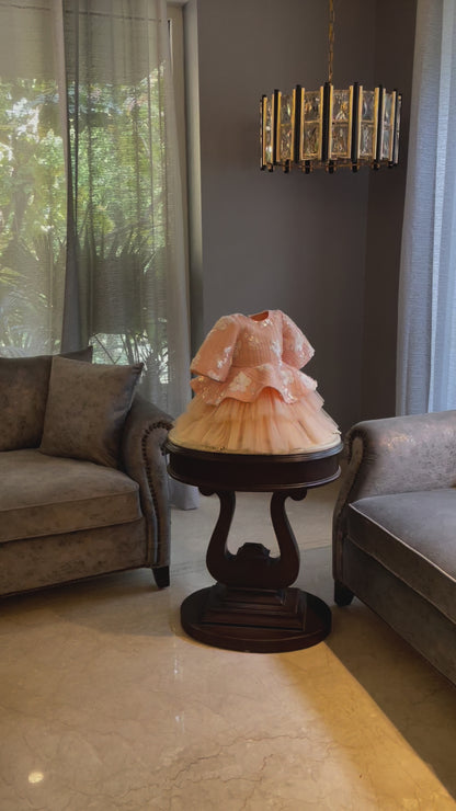 Peach Ivory Flower Sequence Peplum Dress