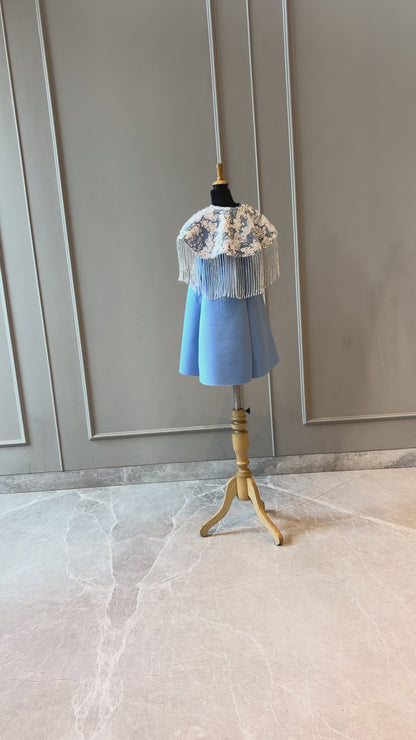Powder Blue Shoulder Cape Frill Dress