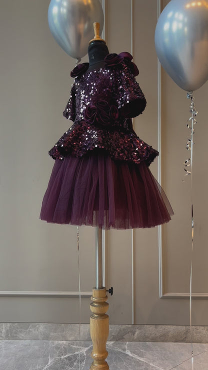 Wine Sequence Peplum Satin Rose Dress