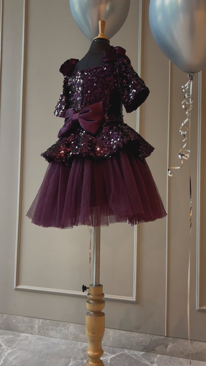 Wine Sequence Peplum Satin Rose Dress