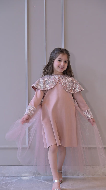 Nude Sequence Shoulder Cape Side Flair Dress