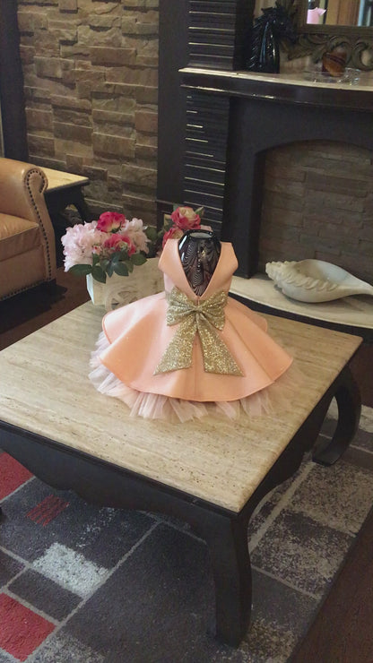 Peach Glitter Golden Bow Dress