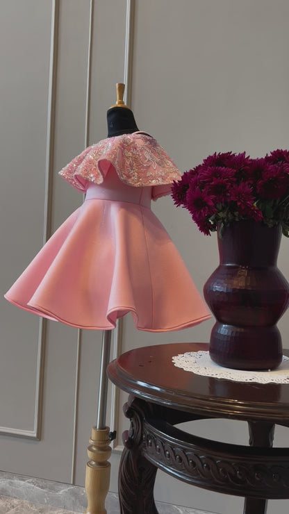 Baby Pink Silver Sequence Shoulder Drape Dress