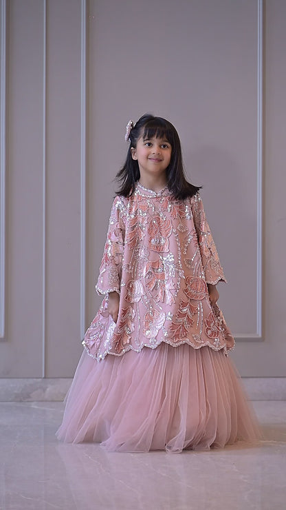 Pink Peach Velvet Scallop Lehenga Set