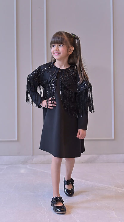 Black Shoulder Cape Frill Dress