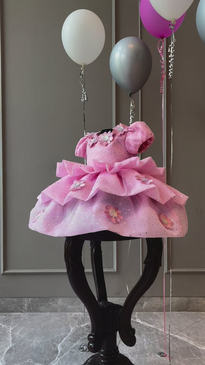 Lotus Pink Applique Flower Organza Dress