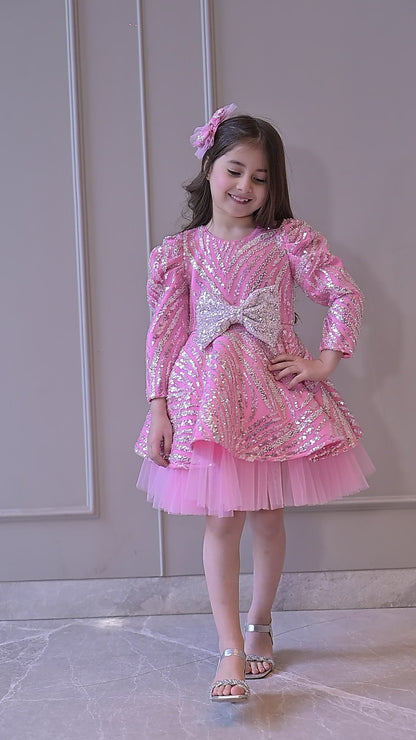 Lotus Pink Silver Sequence Full Peplum Dress