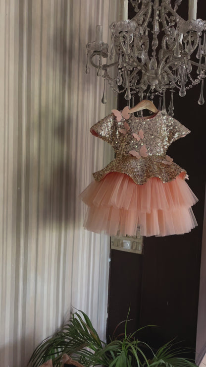 Golden Peach Peplum Butterfly Dress