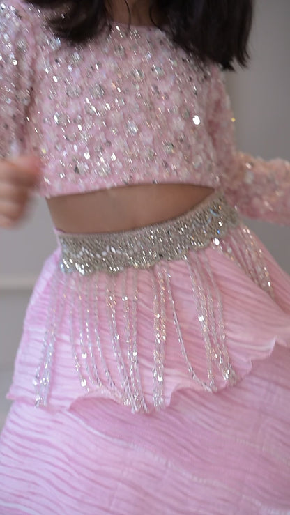 Baby Pink Silver Sequence Organza Pleated Lehenga Set