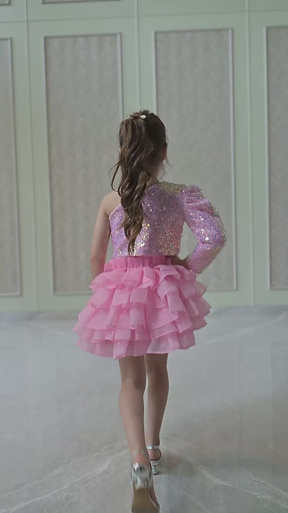 Lotus pink Sequence Top With Organza Skirt