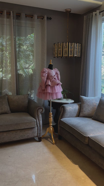 Onion Pink Sequence Bow Peplum Dress