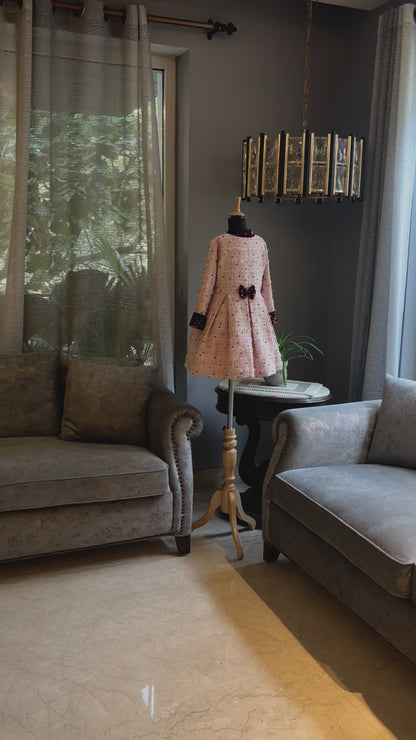 Baby Pink Maroon Dot Tweed Coat Dress