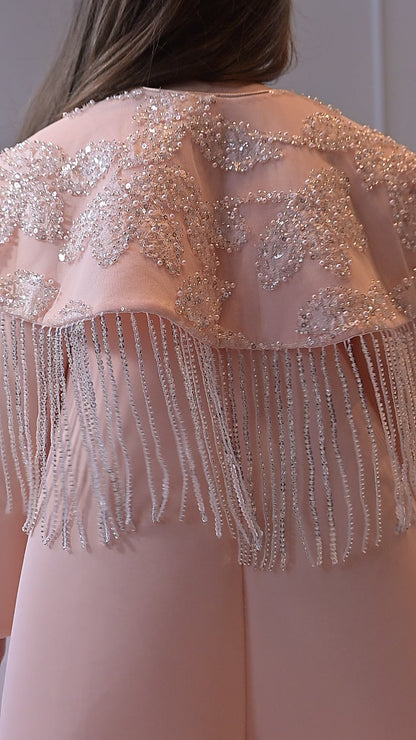 Peach Shoulder Cape Frill Dress