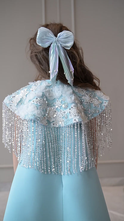 Ice Blue A Line Silver Frill Shoulder Cape Dress
