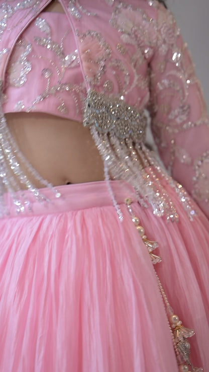 Baby Pink Embroidered Silver Tassel Shrug Lehenga Set