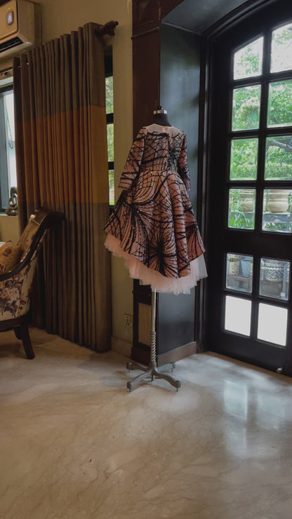 Peach Black Sequence Spider Short Long Gown