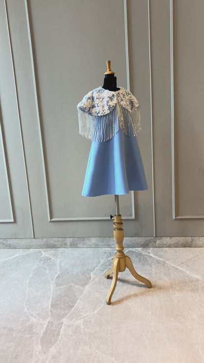 Powder Blue Shoulder Cape Frill Dress