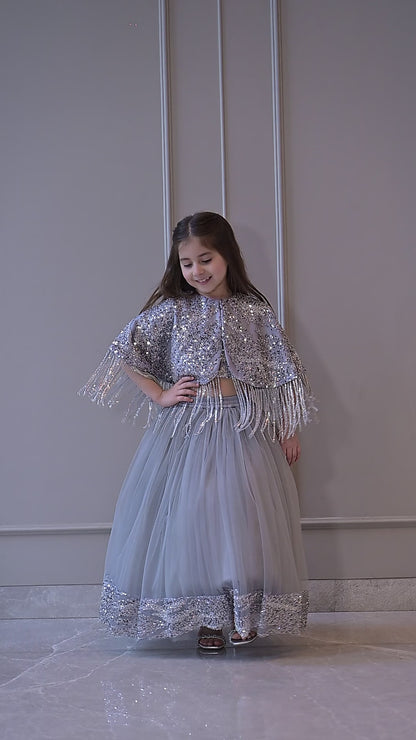 Grey Silver Cape Frill Lehenga Set