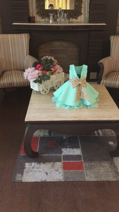 Mint Green Glitter Golden Bow Dress