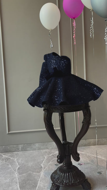 Navy Blue Sequence One shoulder Full Peplum Dress