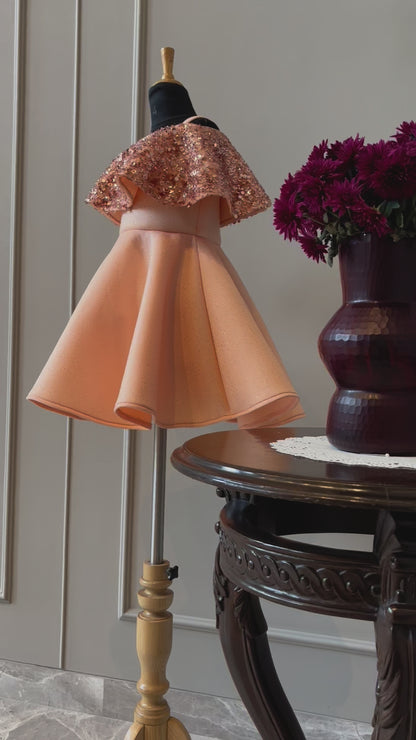 Peach Sequence Shoulder Drape Dress