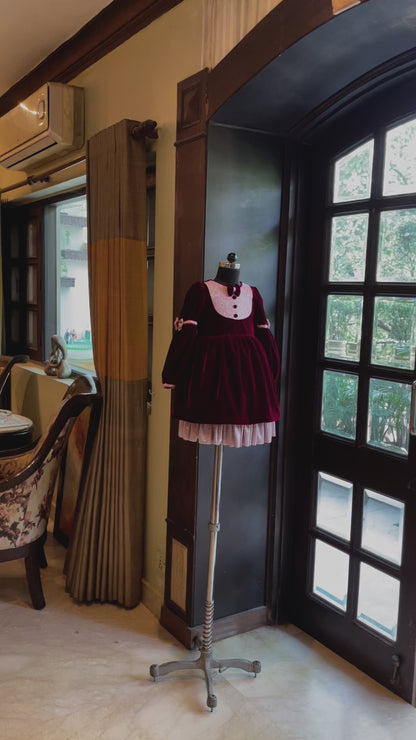 Maroon Baby Pink Velvet Glitter Dress
