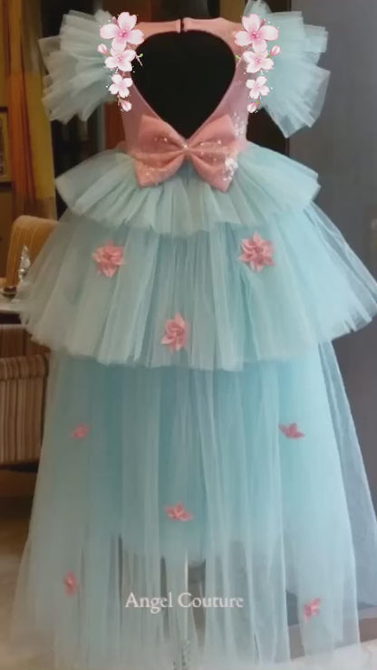 Ice Blue Baby Pink Sequence Multilayer Gown