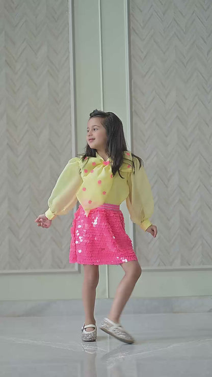 Yellow Organza Bow Top With Fuchsia Pink Squence Skirt Set