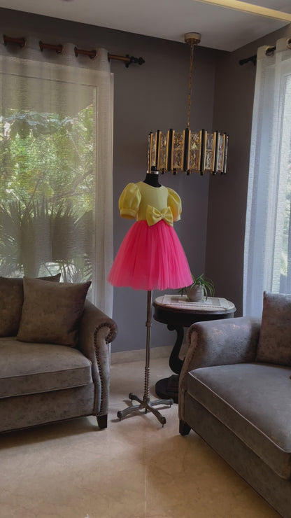 Lemon Fuchsia Pink Box Sleeve Bow Dress