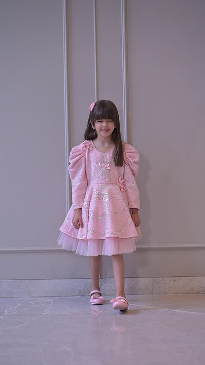 Baby Pink Sequence 3D Flowers Full Peplum Dress