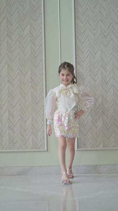 Ivory Bow Organza Top With Sequence Skirt Set