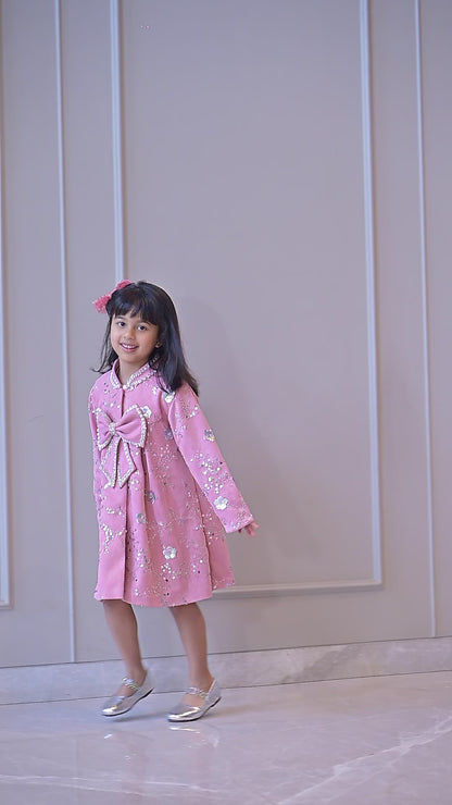 Lotus Pink Suede Velvet Embroidered Coat Dress