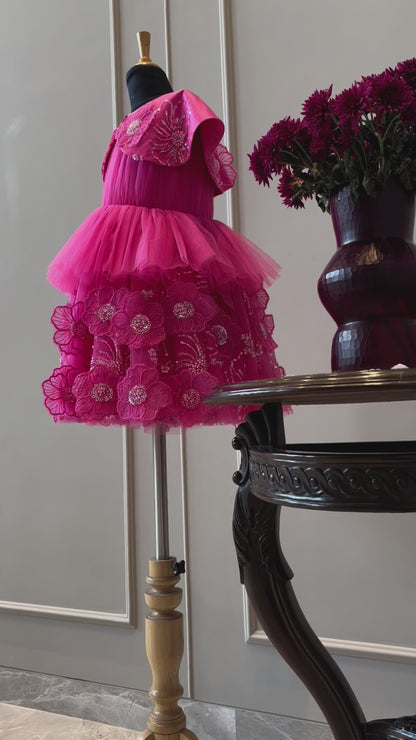 Fuchsia Pink Shoulder Cape Flower Dress