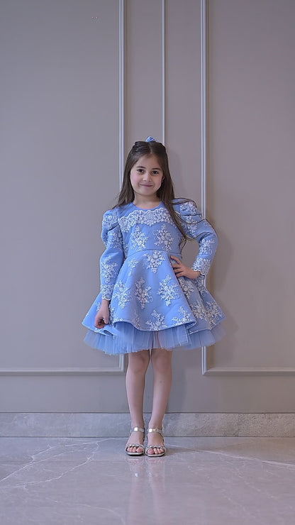 Powder Blue Embroidered Full Peplum Dress