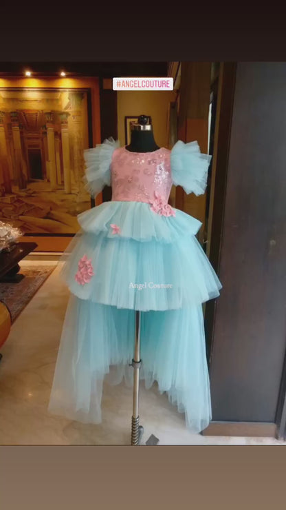 Ice Blue Baby Pink Sequence Multilayer Gown